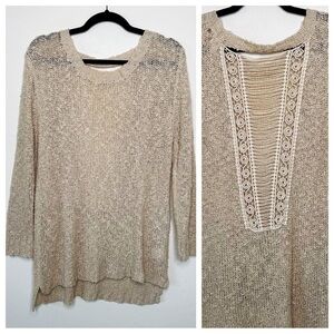 Boho Neutral Nude Slouchy Fit Embroidered Back Knit Sweater Small Medium